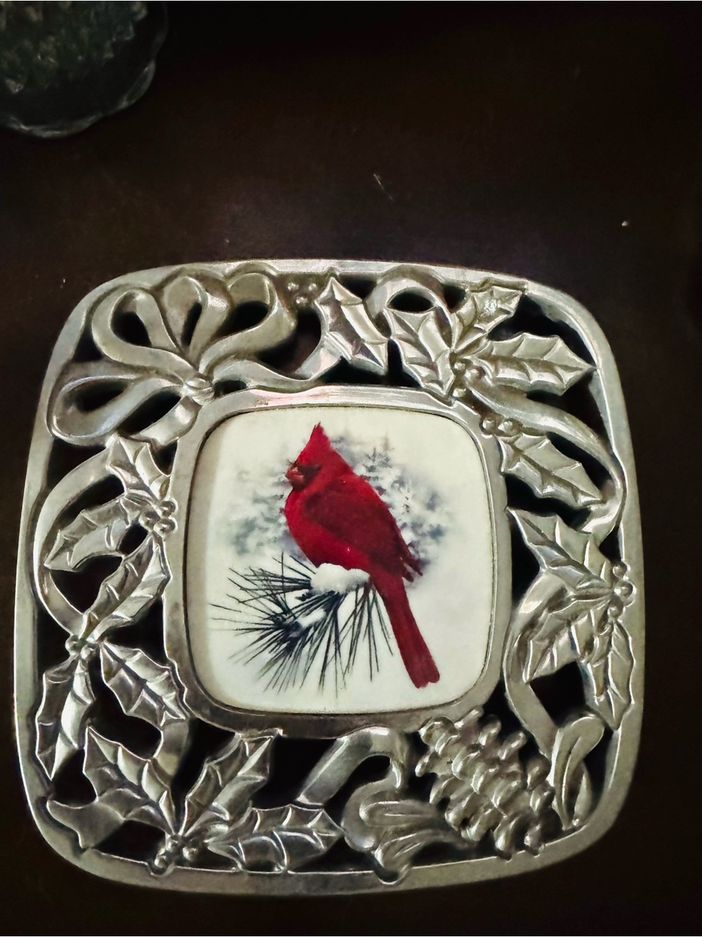 Lenox Red Cardinal Holiday Trivet with Silver-Tone Holly Frame